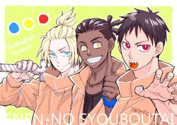 3boys :o altarow arthur_boyle black_hair black_shirt blonde_hair blue_eyes clenched_teeth closed_mouth commentary_request dark-skinned_male dark_skin dreadlocks en&#039;en_no_shouboutai firefighter green_background hair_tuft jumpsuit looking_at_viewer male_focus multiple_boys ogun_montgomery one_side_up orange_eyes orange_jumpsuit red_eyes sharp_teeth shinra_kusakabe shirt short_hair smile teeth thumbs_up wristband