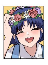 Rule 34 | 1girl, ^ ^, artist name, blue dress, blue hair, border, closed eyes, commentary, dress, english commentary, facing viewer, flower, fuurinkan high school uniform, hair flower, hair ornament, highres, open mouth, pinafore dress, quervaine, ranma 1/2, school uniform, short hair, sleeveless, sleeveless dress, smile, solo, teeth, tendou akane, upper body, upper teeth only, white border