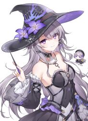 2girls ascot bare_shoulders black_dress black_hat breasts chibi cleavage commentary detached_sleeves dress dual_persona frilled_sleeves frills grey_hair hat herta_(honkai:_star_rail) highres holding honkai:_star_rail honkai_(series) jewelry long_hair long_sleeves looking_at_viewer multiple_girls necklace purple_eyes simple_background small_breasts smile strapless strapless_dress the_herta_(honkai:_star_rail) upper_body very_long_hair white_ascot white_background witch_hat zky_(oekaky)