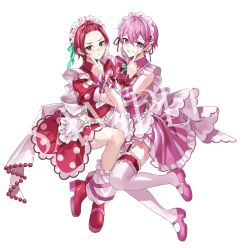 2boys absurdres apron blush bow check_commentary commentary_request crossdressing dress earrings food-themed_hair_ornament frilled_thigh_strap frills green_ribbon hair_ornament high_heels highres hitomin_(ksws7544) ireisu jewelry lemon_hair_ornament liura_(ireisu) loose_socks maid maid_apron male_focus mary_janes multiple_boys naiko_(ireisu) nail_polish official_art pink_dress pink_eyes pink_hair pink_nails polka_dot polka_dot_dress pout red_dress red_eyes red_hair red_nails red_shoes ribbon sample_watermark shoes short_dress smile socks striped_clothes striped_dress teeth thigh_strap thighhighs utaite watermark white_apron white_background white_thighhighs wrist_cuffs