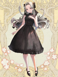 1girl black_bow black_dress black_shoes bow breasts dairoku_ryouhei dress earrings full_body grey_eyes hair_bow hand_up highres jewelry long_hair looking_at_viewer shoes sleeveless sleeveless_dress small_breasts smile snake_hair solo standing suzuma_(suzuma_illust) virginia_luxuria yellow_background