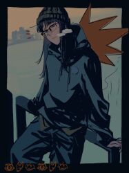 Rule 34 | 1girl, absurdres, asymmetrical bangs, beanie, black border, border, eizouken ni wa te wo dasu na!, freckles, glasses, hashtag-only commentary, hat, highres, hood, hood down, hoodie, kanamori sayaka, long hair, rectangular eyewear, solo, yono 2024