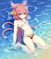 Rule 34 | 1girl, animal ears, beach, bell, bikini, blazblue, blazblue: calamity trigger, breasts, candy, cleavage, eyebrows, female focus, food, glasses, hair ribbon, highres, kokonoe (blazblue), lollipop, long hair, mouth hold, multiple tails, ocean, pink hair, ponytail, ribbon, sand, sitting, small breasts, solo, swimsuit, tail, underboob, wariza, yellow eyes, yukinohito (koutyanomitai)