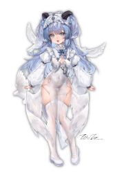Rule 34 | 1girl, :d, absurdres, animal, animal ears, bird, blue bow, blue eyes, blue hair, bow, commentary request, covered navel, full body, hair between eyes, hair ornament, hat, highres, horns, leotard, long hair, long sleeves, looking at viewer, open mouth, original, pelvic curtain, puffy long sleeves, puffy sleeves, see-through clothes, sheep ears, sheep girl, sheep horns, shoes, signature, sleeves past wrists, smile, solo, standing, taitai, thighhighs, very long hair, white background, white hat, white leotard, white shoes, white thighhighs