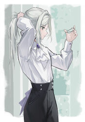 1girl absurdres ascot black_pants border collared_shirt cowboy_shot fading_border from_side grey_background grey_eyes grey_hair hair_tie hands_up highres holding holding_hair_tie holding_own_hair long_sleeves outside_border pants pillar profile reverse:1999 shirt shirt_tucked_in solo tying_hair vertin_(reverse:1999) white_ascot white_shirt yukiri_(l_ii)