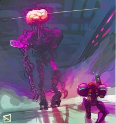 1girl alien arm_cannon armor assault_visor blue_bodysuit bodysuit brain exposed_brain giant gravity_suit_(metroid) gun highres hip_bones metroid mother_brain neal_d._anderson nintendo power_armor power_suit power_suit_(metroid) samus_aran skeleton spine squatting super_metroid weapon