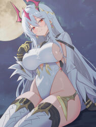 1girl absurdres arm_cutout arm_support black_gloves blush breasts clothing_cutout commentary_request cutout_above_navel dragon_girl dragon_horns earrings epic_seven from_below full_moon gloves hair_between_eyes hair_intakes hair_ornament hand_up headpiece highleg highleg_leotard highres horns jewelry konjou large_breasts leotard long_hair long_sleeves looking_at_viewer luna_(epic_seven) moon moonlight new_moon_luna night night_sky partial_commentary red_eyes red_horns sideboob sideless_outfit sidelocks sitting sky smile solo star_(sky) thighhighs thighs two-sided_gloves very_long_hair white_hair white_thighhighs