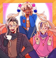 1girl 2boys :3 arm_on_knee black_coat blonde_hair blue_jacket breasts brown_sweater_vest closed_eyes coat cup dark-skinned_female dark_skin double_v earrings glasses gloves grey_hairband hair_ornament hairband hand_on_own_chin happy highres holding holding_cup hololive hololive_english holostars holostars_english jacket jewelry large_breasts laughing letterman_jacket limiter_(tsukumo_sana) long_hair magni_dezmond medium_hair ministarfruit mole mole_under_mouth multicolored_hair multiple_boys necklace noir_vesper open_clothes open_coat open_jacket pants pink_shirt planet_hair_ornament purple_nails purple_pants sanallite_(tsukumo_sana) shirt sidelocks sitting smile star_(symbol) star_necklace sweater_vest teacup tsukumo_sana turtleneck twintails v virtual_youtuber