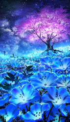 Rule 34 | absurdres, blue flower, cherry blossoms, field, flower, flower field, flower focus, flower request, galaxy, highres, landscape, nature, night, no humans, original, outdoors, rope fence, scenery, sky, smile (qd4nsvik), star (sky), starry sky, tree