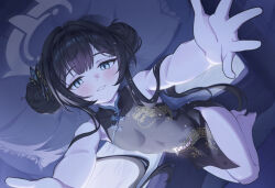 1girl barefoot black_dress black_hair blue_archive china_dress chinese_clothes double_bun dragon_print dress grey_eyes grey_halo hair_bun hair_ornament halo kisaki_(blue_archive) long_hair looking_at_viewer parted_lips reaching reaching_towards_viewer sleeveless sleeveless_dress solo totouri