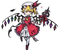 1girl ascot bat_(animal) blonde_hair bow crystal flandre_scarlet frills full_body hat highres laevatein_(touhou) looking_at_viewer mary_janes mob_cap open_mouth pantyhose piaki pointy_ears puffy_short_sleeves puffy_sleeves red_eyes shirt shoes short_sleeves side_ponytail simple_background skirt solo touhou white_background white_pantyhose wings wrist_cuffs yellow_ascot