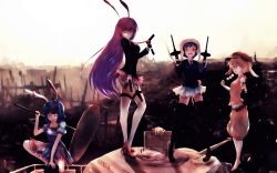 4girls :o animal_ears animal_hat artist_name ass backlighting black_legwear blonde_hair blood blood_on_face blue_hair city dual_wielding floppy_ears frilled_skirt frills gun handgun hat high_heels holding holster horizon knife legs long_hair looking_at_viewer magazine_(weapon) mallet midriff military military_vehicle miniskirt motor_vehicle multiple_girls necktie nekoya_(liu) open_mouth pigeon-toed pistol pleated_skirt purple_hair rabbit_ears red_eyes reisen reisen_udongein_inaba ringo_(touhou) ruins seiran_(touhou) short_hair skirt sky smile squatting submachine_gun tank thigh_holster thighhighs thompson_submachine_gun touhou weapon white_legwear zettai_ryouiki