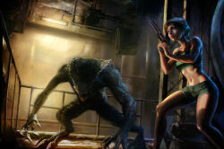 1girl 1other augustkimbrell7 claws fangs green_shorts green_sports_bra gun handgun headband highres holding holding_gun holding_weapon hunter_(resident_evil) monster navel official_alternate_costume open_mouth parted_lips railing rebecca_chambers red_headband resident_evil resident_evil_0 short_hair short_shorts shorts sports_bra stomach toned toned_female weapon