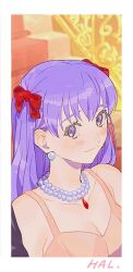 1girl bead_necklace beads blush border breasts cleavage closed_mouth earrings fate/stay_night fate_(series) hair_ribbon hal_(haaaalhal) highres jewelry looking_at_viewer matou_sakura necklace purple_eyes purple_hair ribbon signature solo stairs upper_body white_border
