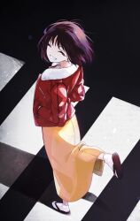 1girl bad_link black_hair brown_hair highres jacket japanese_clothes kara kara_no_kyoukai kimono no red_jacket ryougi_shiki short_hair smile solo type-moon
