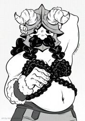 1boy arms_behind_head bara beard belly bra braid braided_beard cowboy_shot dungeon_meshi dwarf fabulous facial_hair fake_horns fat fat_man greyscale hair_censor helmet highres horned_helmet horns katriadoodles long_beard looking_to_the_side male_focus monochrome mustache navel senshi_(dungeon_meshi) solo thick_mustache underwear very_long_beard