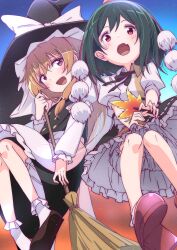 2girls absurdres ajapar apron bloomers blush bow braid broom brown_hair commentary_request cosplay dress fang frilled_skirt frills green_hair hair_bow hand_fan hat hat_bow hauchiwa highres holding holding_broom holding_fan kirisame_marisa kirisame_marisa_(cosplay) konoe_kanata looking_at_viewer love_live! love_live!_nijigasaki_high_school_idol_club mifune_shioriko multiple_girls neck_ribbon open_mouth pom_pom_(clothes) purple_eyes red_eyes ribbon shameimaru_aya shameimaru_aya_(cosplay) shirt shoes short_hair short_sleeves side_braid sidelocks single_braid skin_fang skirt sky smile tokin_hat touhou underwear white_shirt witch_hat