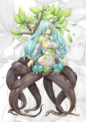 1girl :3 absurdres aqua_eyes aqua_hair blue_flower blush branch breasts commentary_request covered_erect_nipples detached_sleeves dirt dress dryad elbow_sleeve flower green_nails head_tilt highres ivy leaf long_hair medium_breasts monster_girl original plant_girl plant_roots scylla shitoi_(aqua1487) sideboob smile solo white_background white_dress white_sleeves zoom_layer