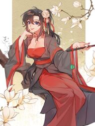 1girl ahoge alternate_hairstyle artist_request black_hair black_hanfu branch breasts brown_hair chinese_clothes cleavage collarbone commission dizi dress earrings eyelashes eyeshadow fingernails flower flute genderswap genderswap_(mtf) hair_flower hair_ornament hair_ribbon hands_up hanfu highres holding holding_flute holding_instrument in_tree instrument jade_(gemstone) jewelry large_breasts long_hair long_sleeves looking_at_viewer makeup modao_zushi nail_polish pink_flower playing_with_own_hair ponytail purple_eyes qixiong_ruqun red_dress red_eyeshadow red_lips red_nails red_ribbon red_sash ribbon sash second-party_source sharp_fingernails side_ponytail sidelocks sitting sitting_in_tree smile solo tassel tassel_earrings tassel_hair_ornament transverse_flute tree watermark wei_wuxian white_flower wide_sleeves