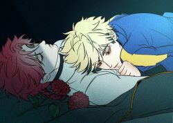 2boys ankko0823 black_background black_hair black_shirt blonde_hair blue_jacket braid closed_eyes collared_shirt earrings eyebrow_piercing flower jacket jewelry long_hair long_sleeves looking_at_another looking_down lying lying_on_person male_focus multicolored_hair multiple_boys on_back on_stomach piercing red_flower red_hair shade shiguang_dailiren shirt short_hair single_braid sleeves_past_wrists white_shirt xia_fei xiao_weiying yaoi