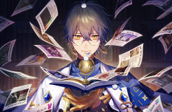 13_(bbr584607091) 1boy black_shirt blue_eyes blue_scarf book bookshelf brown_hair closed_mouth coat commentary creature_on_head earrings english_commentary eyewear_strap floating floating_book floating_object glasses gradient_eyes gradient_hair green_eyes green_hair highres ike_eveland ike_eveland_(1st_costume) jewelry looking_at_another looking_at_viewer male_focus multicolored_eyes multicolored_hair nijisanji nijisanji_en open_book paper pikl_(elira_pendora) quilldren_(ike_eveland) scarf shirt shu_yamino shu_yamino_(1st_costume) smile solo sonny_brisko uki_violeta upper_body virtual_youtuber white_coat yellow_eyes