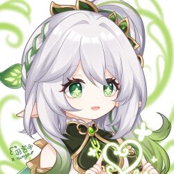1girl artist_name bare_shoulders commentary genshin_impact gold_trim gradient_hair green_eyes green_hair hair_between_eyes hair_ornament hamiyamiko heart highres leaf_hair_ornament long_hair multicolored_hair nahida_(genshin_impact) parted_lips pointy_ears portrait side_ponytail signature solo star-shaped_pupils star_(symbol) symbol-shaped_pupils white_background white_hair