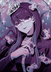 1girl absurdres blush cat choker glasses half-closed_eyes happy_birthday highres kitten parted_lips red_eyes shizuhara_hiruko skr_umum smile solo sparkle the_hundred_line_-last_defense_academy- tiara upper_body