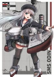 1girl absurdres anchor aqua_eyes battleship black_thighhighs blunt_bangs cannon character_name eyepatch german_empire grey_hair hat highres imperial_german_navy long_hair long_sleeves machinery mecha_musume military_vehicle miniskirt original personification pleated_skirt sailor_hat ship ship_turret skirt smokestack sms_odin solo teisei_misagi thighhighs very_long_hair warship watercraft