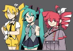 3girls akita_neru aqua_eyes aqua_hair aqua_necktie black_choker black_necktie black_sleeves blonde_hair cellphone choker detached_sleeves double-parted_bangs drill_hair grey_jacket grey_shirt hand_on_own_hip hatsune_miku headphones headset jacket kasane_teto long_hair multiple_girls necktie number_tattoo offbi phone red_hair red_trim ribbon shirt shorts shoulder_belt side_ponytail synthesizer_v tattoo triple_baka_(vocaloid) twin_drills twintails utau very_long_hair vest vocaloid white_ribbon yellow_eyes yellow_shorts yellow_vest