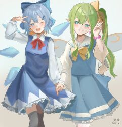 2girls black_thighhighs blue_bow blue_dress blue_eyes blue_hair blue_shirt blue_skirt bow cirno daiyousei dress fairy fairy_wings frills green_eyes green_hair hair_between_eyes hair_ornament hairpin highres holding_hands ice ice_wings long_hair long_sleeves looking_at_viewer medium_hair multiple_girls one_eye_closed pointy_ears ribbon ropu_1 shirt side_ponytail skirt smile thighhighs touhou v white_background white_sleeves wings yellow_ribbon