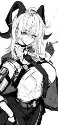 1girl absurdres arm_pouch b-shi bags_under_eyes black_pouch breasts choker cigarette closed_mouth collared_shirt commentary_request cowboy_shot curled_horns gloves greyscale hair_between_eyes half_gloves highres holding holding_cigarette horns large_breasts long_hair mole mole_under_eye monochrome necktie pants shirt shirt_tucked_in simple_background solo white_background wuthering_waves zani_(wuthering_waves)