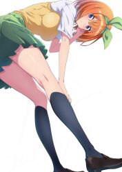 Rule 34 | 1girl, bent over, black socks, blue eyes, blush, breasts, brown shoes, commentary, from below, go-toubun no hanayome, green ribbon, green skirt, hair between eyes, hair ribbon, hand on own knee, highres, kneehighs, large breasts, loafers, looking at viewer, nakano yotsuba, nishizuki shino, orange hair, parted lips, pleated skirt, ribbon, school uniform, shirt, shoes, short hair, short sleeves, simple background, skirt, socks, solo, sweater vest, thighs, white background, white shirt, yellow sweater vest