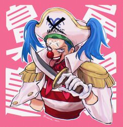 Rule 34 | 1boy, absurdres, blue hair, buggy the clown, clown nose, cropped torso, dagger, epaulettes, facepaint, facial hair, gloves, goatee, hat, highres, holding, holding dagger, holding knife, holding weapon, knife, long hair, looking at viewer, male focus, pink background, shirt, sideburns, signature, solo, striped clothes, striped shirt, tongue, tongue out, twintails, vamos mk, weapon, white gloves, white hat