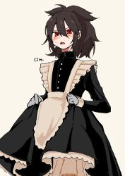 1girl alternate_costume apron artist_name black_dress black_hair blush buttons dress enmaided fate/grand_order fate_(series) frills gloves goma1021 hair_between_eyes highres koha-ace long_sleeves looking_at_viewer maid maid_apron medium_hair oda_nobunaga_(fate) oda_nobunaga_(koha-ace) open_mouth red_eyes simple_background solo sweatdrop white_apron white_background white_gloves