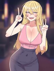 1girl absurdres anygatsby bare_shoulders blonde_hair blue_eyes blush boruto:_naruto_next_generations breasts cleavage collarbone commission covered_navel double_v facial_mark genderswap genderswap_(mtf) grey_skirt hair_between_eyes highres large_breasts long_hair looking_at_viewer naruto_(series) open_mouth pink_shirt pixiv_commission shirt skirt solo uzumaki_boruto v whisker_markings