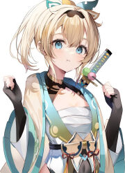 1girl aroa_(aroamoyasi) black_gloves blonde_hair blue_eyes chest_sarashi commentary dango eating fingerless_gloves food gloves haori hashtag-only_commentary highres hololive japanese_clothes katana kazama_iroha kazama_iroha_(1st_costume) long_hair long_sleeves looking_at_viewer ponytail sanshoku_dango sarashi sheath sheathed simple_background solo sword upper_body virtual_youtuber wagashi weapon weapon_on_back white_background yellow_haori