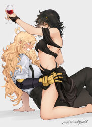 2girls absurdres ahoge animal_ears barefoot black_bra black_hair black_pants black_skirt blake_belladonna blonde_hair blush bra breasts cat_ears commentary cup drink drinking_glass english_commentary frolicdragold grey_background hand_on_another&#039;s_waist heart heart_ahoge highres holding holding_drink large_breasts long_hair mechanical_arms multiple_girls open_mouth pants red_wings rwby shirt simple_background single_mechanical_arm skirt twitter_username underwear white_shirt wine_glass wings yang_xiao_long yuri