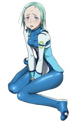 10s 1girl bodysuit breasts don_(rg06268) eureka_(eureka_seven) eureka_seven_(series) eureka_seven_ao facial_mark female_focus forehead_mark full_body green_hair groin highres ice_place legs legs_together looking_at_viewer mature_female medium_hair open_mouth own_hands_together purple_eyes simple_background sitting small_breasts solo sweat sweatdrop thighs white_background