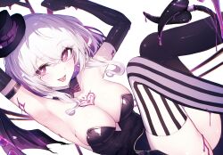 1girl absurdres armpits arms_up blush bow bowtie breasts cleavage demon_girl elbow_gloves gloves hat heart heart-shaped_pupils highres looking_at_viewer non-pubic_inmon open_mouth original pubic_tattoo purple_eyes purple_hair reizouko short_hair smile solo symbol-shaped_pupils tail tattoo thighhighs thighs tongue tongue_out top_hat