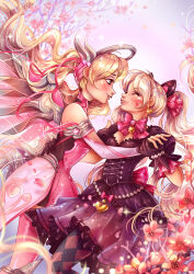2girls absurdres animal_ears black_cat_d.va black_dress blonde_hair blush bow cat_ears closed_eyes corset d.va_(overwatch) dress earrings elena_timofeeva facial_mark flower halo headband heart heart_earrings highres holding_hands jewelry mechanical_wings mercy_(overwatch) multiple_girls overwatch pink_dress pink_flower pink_mercy ribbon sparkle twintails wings yuri