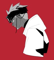 Rule 34 | 1boy, absurdres, arknights, blood, cropped torso, dark-skinned male, dark skin, ethan (arknights), facial hair, from side, goatee, goggles, goggles on head, highres, hood, hood down, hooded jacket, jacket, male focus, nosebleed, parted lips, pointy ears, profile, red background, short hair, simple background, solo, teeth, turtleneck, ujino