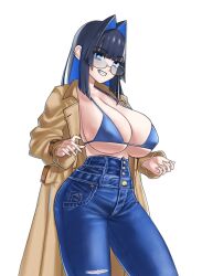 Rule 34 | 1girl, absurdres, baitoubaozou, bikini, black hair, blue bikini, blue eyes, blue hair, blue pants, blunt bangs, blunt sidelocks, blush, breasts, brown coat, cleavage, coat, colored inner hair, commentary, cowboy shot, denim, ear piercing, glasses, grin, hair intakes, high-waist pants, highres, hololive, hololive english, jeans, large breasts, long hair, long sleeves, looking at viewer, multicolored hair, no shirt, official alternate costume, official alternate hair length, official alternate hairstyle, ouro kronii, ouro kronii (casual), pants, piercing, sidelocks, simple background, smile, solo, swimsuit, teeth, torn clothes, torn pants, trench coat, virtual youtuber, white background
