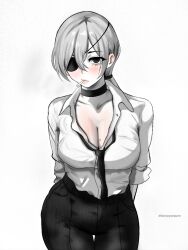1girl arms_behind_back breasts chainsaw_man choker cigarette collared_shirt eyepatch harutoyumaarts large_breasts looking_at_viewer mole mole_on_breast pants partially_colored quanxi_(chainsaw_man) shirt shirt_tucked_in smoking solo