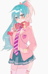 1girl aqua_eyes aqua_hair arm_behind_back blush bow bow_legwear cardigan closed_mouth commentary cowboy_shot grey_background hair_bow half_updo hand_up hatsune_miku hatsune_miku_(ribbon_girl) headphones headphones_around_neck highres index_finger_raised long_hair long_sleeves looking_at_viewer necktie open_cardigan open_clothes pink_bow pink_cardigan pleated_skirt pocket project_diva_(series) project_diva_f red_bow simple_background sketch skirt solo standing striped_necktie thighhighs tie_clip v vocaloid white_thighhighs zar6vnffxk22155