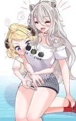 2girls ahoge animal_ear_piercing animal_ears black_choker black_shorts blonde_hair blush bra_strap breasts choker closed_eyes commentary_request double-parted_bangs dress face_to_breasts fangs fingernails grabbing_another&#039;s_ankle grabbing_another&#039;s_leg grey_dress grey_hair hair_between_eyes hair_bun hair_ornament hairclip highres hololive horns ito_haru jewelry large_breasts lion_ears long_hair long_sidelocks loose_clothes loose_shirt messy_hair multiple_girls nail_clippers necklace official_alternate_costume open_mouth print_shirt purple_eyes raised_eyebrows red_socks see-through_clothes see-through_sleeves sheep_ears sheep_girl sheep_horns shirt shishiro_botan shishiro_botan_(casual) short_dress short_shorts short_sleeves shorts sidelocks single_bare_shoulder single_hair_bun socks striped_clothes striped_dress t-shirt tsunomaki_watame tsunomaki_watame_(street_casual) vertical-striped_clothes vertical-striped_dress virtual_youtuber white_shirt