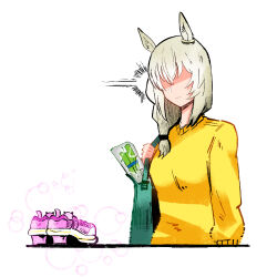 1girl animal_ears bag grey_hair highres horse_ears horse_girl long_hair oguri_cap&#039;s_mother_(umamusume) pink_shoes shoes shoulder_bag solo sweater umamusume umamusume:_cinderella_gray unworn_shoes what_is_(pix30d) white_background yellow_sweater