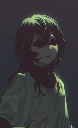 Rule 34 | 1girl, 23i2ko, black eyes, black hair, clenched hand, curly hair, double-parted bangs, empty eyes, facing viewer, gradient background, hair between eyes, hair over shoulder, hand up, horror (theme), limited palette, long hair, open mouth, original, shirt, sidelighting, simple background, solo, upper body, white shirt