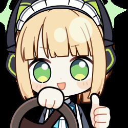 1girl :d animal_ear_headphones animal_ears animated animated_gif apron aqua_bow aqua_bowtie black_dress blonde_hair blue_archive blunt_bangs blunt_ends blush_stickers bow bowtie cat_ear_headphones cat_ears chibi chunye_haruya collared_dress commission contrast_collar disembodied_hand dot_nose dress driving fake_animal_ears green_eyes green_halo halo headphones looking_at_viewer looping_animation lowres maid maid_apron maid_headdress midori_(blue_archive) midori_(maid)_(blue_archive) missing_commentary official_alternate_costume official_alternate_hairstyle open_mouth ponytail second-party_source short_hair sidelocks simple_background smile solo steering_wheel thumbs_up transparent_background upper_body white_apron white_headdress