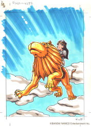 Rule 34 | 1990s (style), 1girl, bandai namco, black hair, circlet, closed mouth, cloud, dress, druaga no tou, elbow gloves, flying, full body, gloves, jewelry, ki (druaga), lion, long hair, namco, necklace, official art, retro artstyle, shinozaki yuichiro, signature, white dress