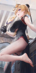 1girl absurdres bare_legs barefoot black_dress black_gloves blonde_hair braid breasts china_dress chinese_clothes chinese_commentary commentary_request dress eyewear_on_head feet foot_out_of_frame from_below gloves hair_over_one_eye hand_fan highres holding holding_fan legs looking_at_viewer no_panties open_mouth purple_eyes short_hair short_sleeves smile solo sweety_(zenless_zone_zero) swkl:d teeth thigh_strap thighs toenails toes upper_teeth_only zenless_zone_zero